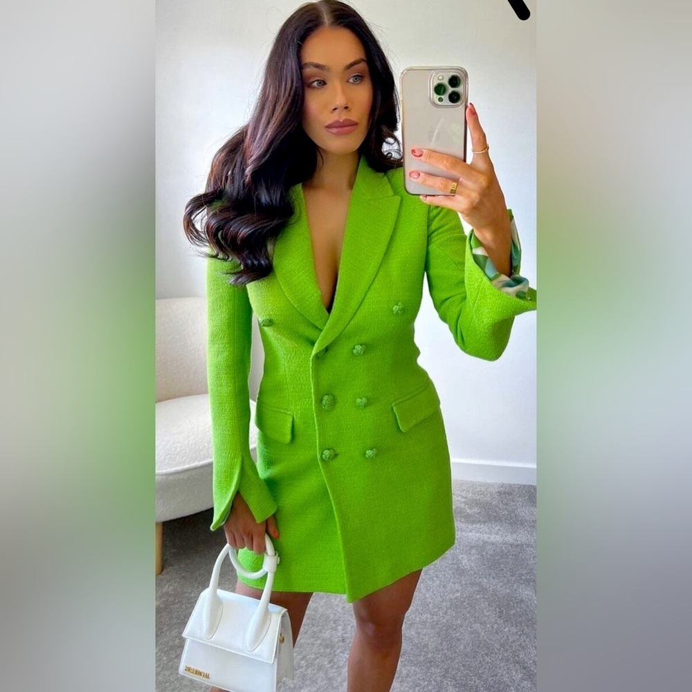 Neon Green Tailored Textured Blazer Dress - Small - Picture 2 of 13
